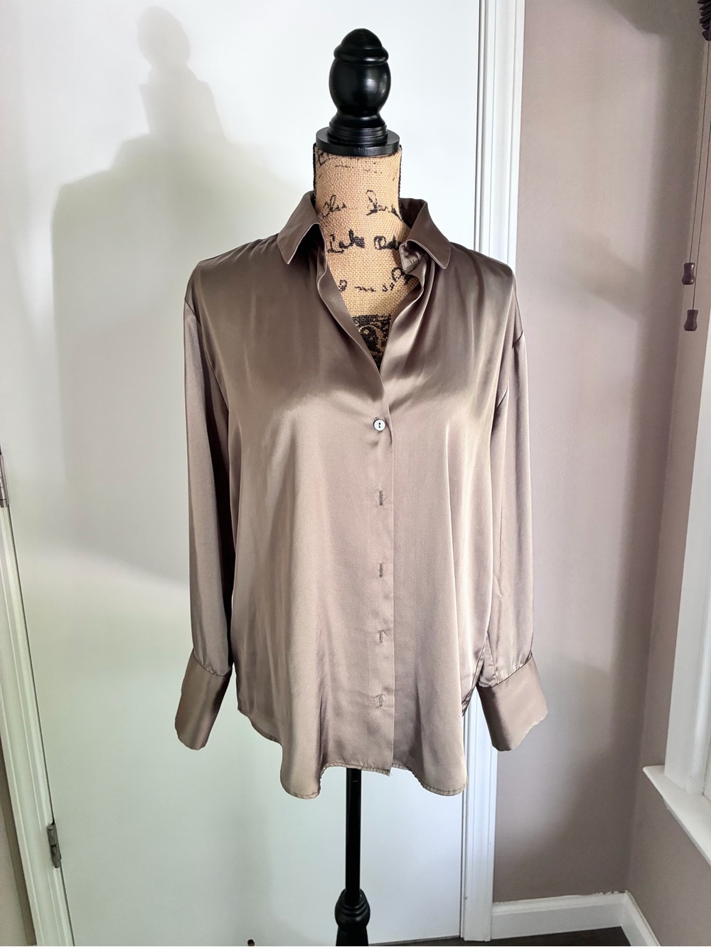 Zara Taupe Satin Button-Down Blouse